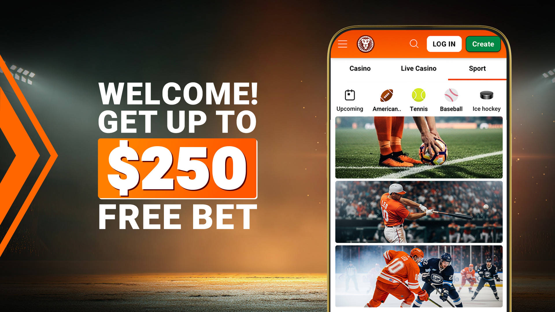 Welcome offer of up to $250 Free Bet, displayed  next to a mobile app showing sports betting options.
