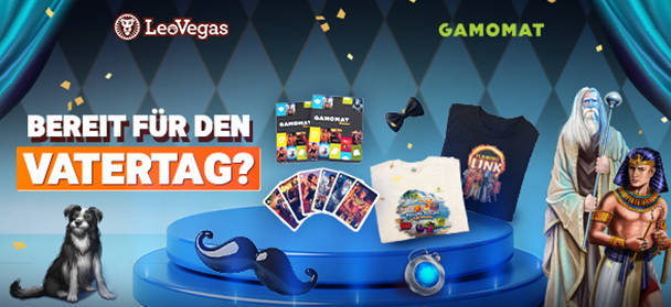 LeoVegas und Gamomat Vatertags-Aktion mit T-Shirts, Karten und Dekorationen.