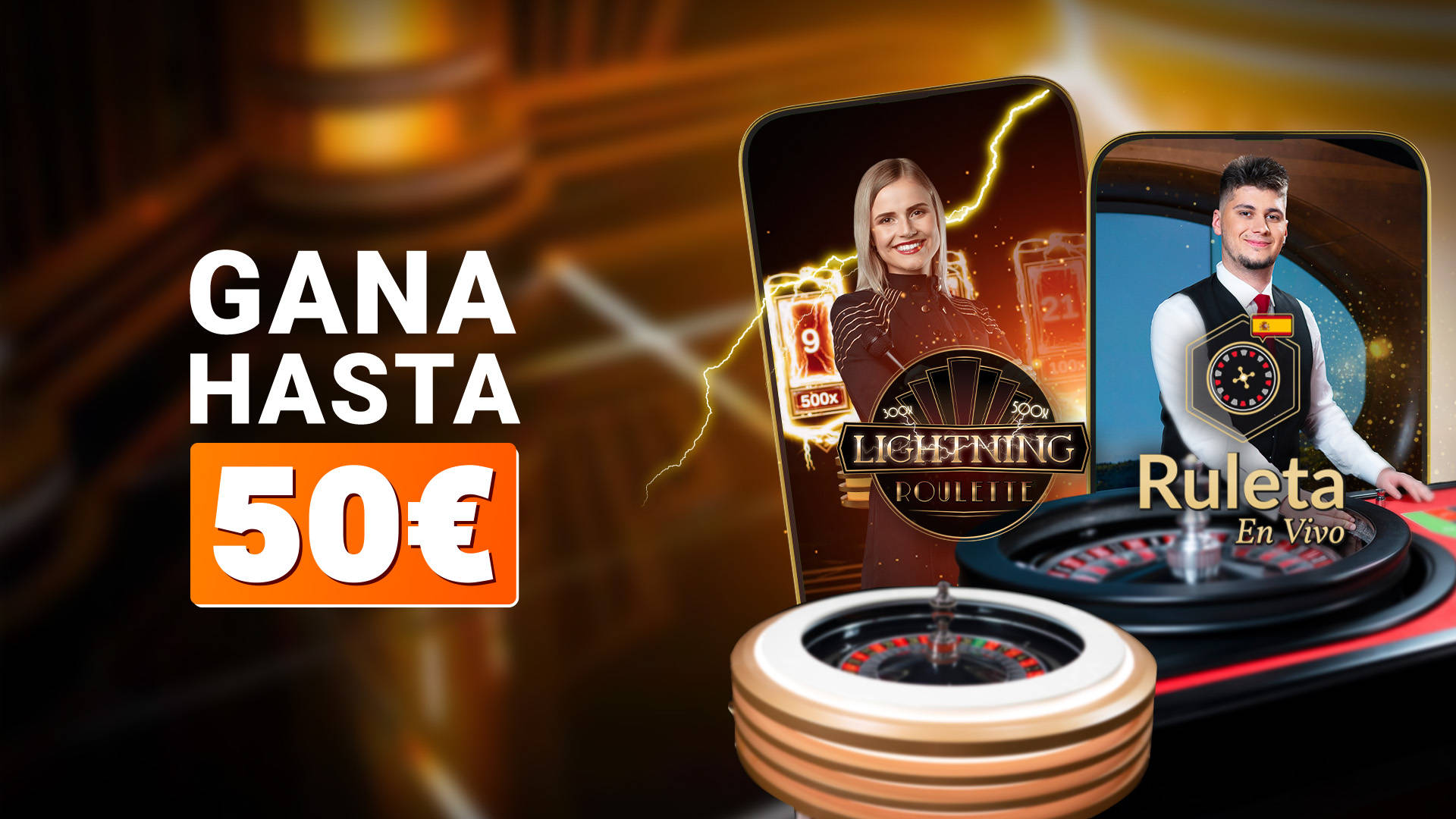 Mujer presentando Ruleta Relámpago en Vivo en un móvil. Incluye Ruleta En Vivo en otro móvil.