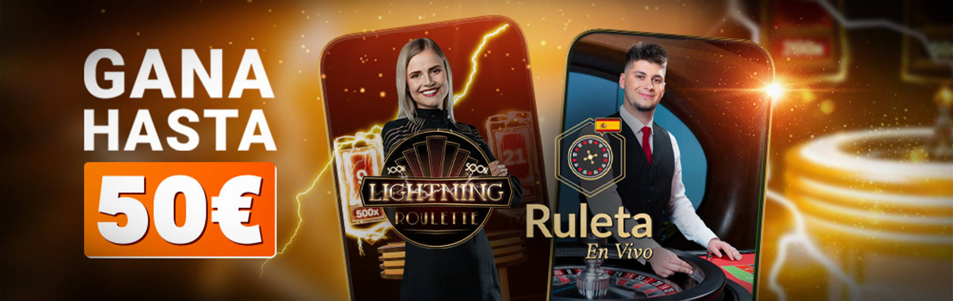 Mujer presentando Ruleta Relámpago en Vivo en un móvil. Incluye Ruleta En Vivo en otro móvil.