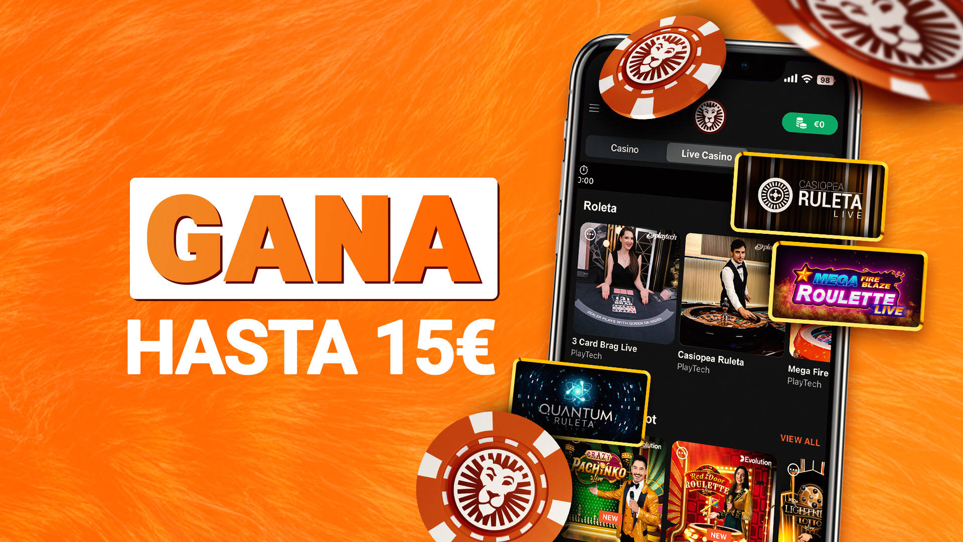 Móvil mostrando juegos de Casino en Vivo, incluyendo Ruleta y fichas.