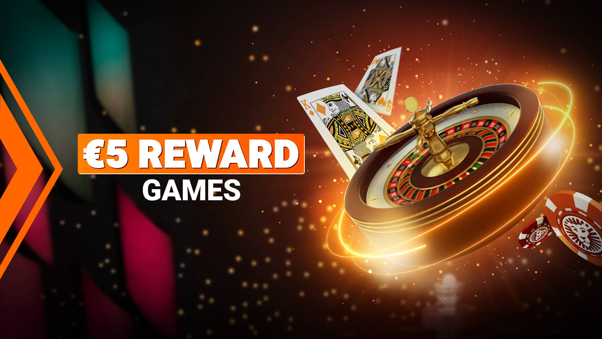 €5 Reward Games op diverse roulettetafels, met roulettewiel en speelkaarten.