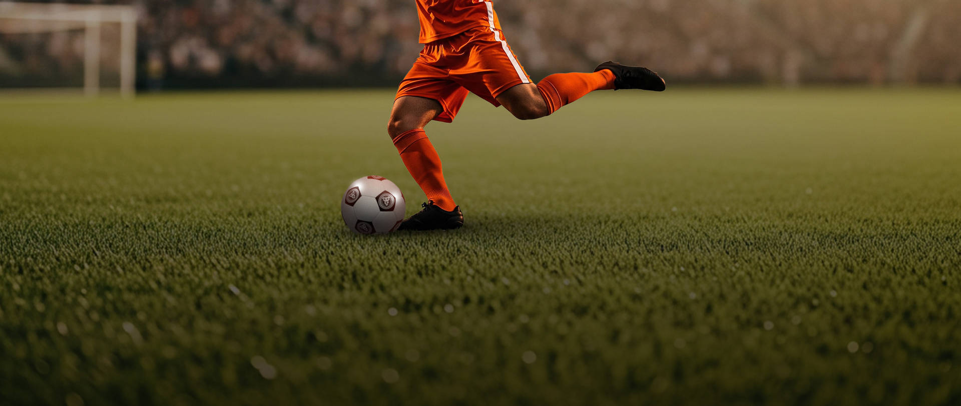 Overzicht van een voetbalstadion met een vol publiek en een groen veld.