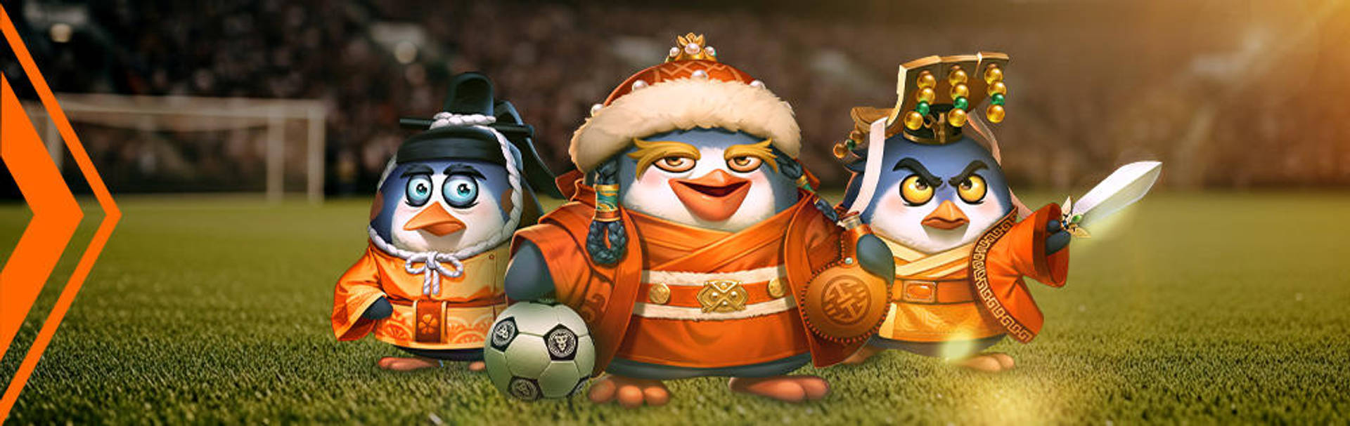 Twee pinguïns in traditionele kleding met een voetbal op een stadionveld. Tekst: Tot 30 Free Spins als Oranje scoort.
