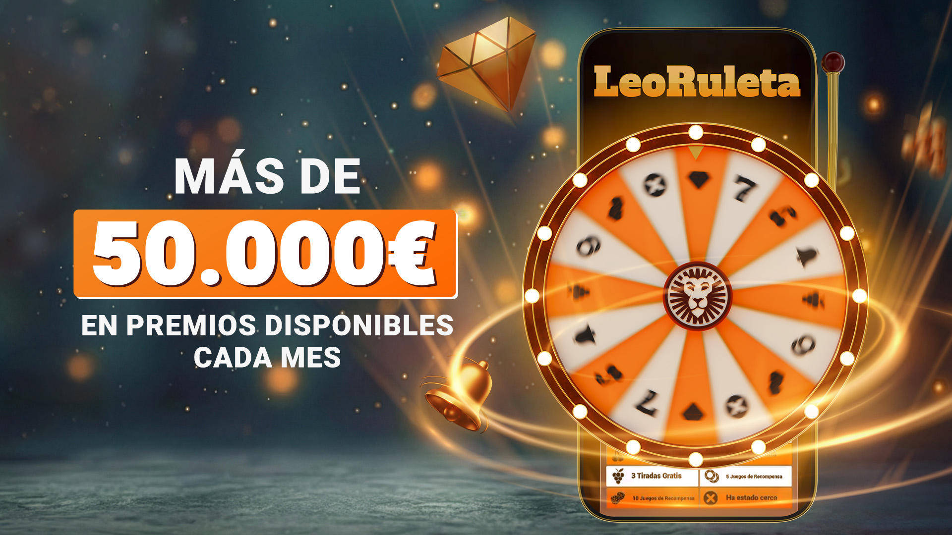LeoRuleta ofrece  más de 50.000€ en premios mensuales, incluyendo Tiradas Gratis y Juegos de Recompensa.