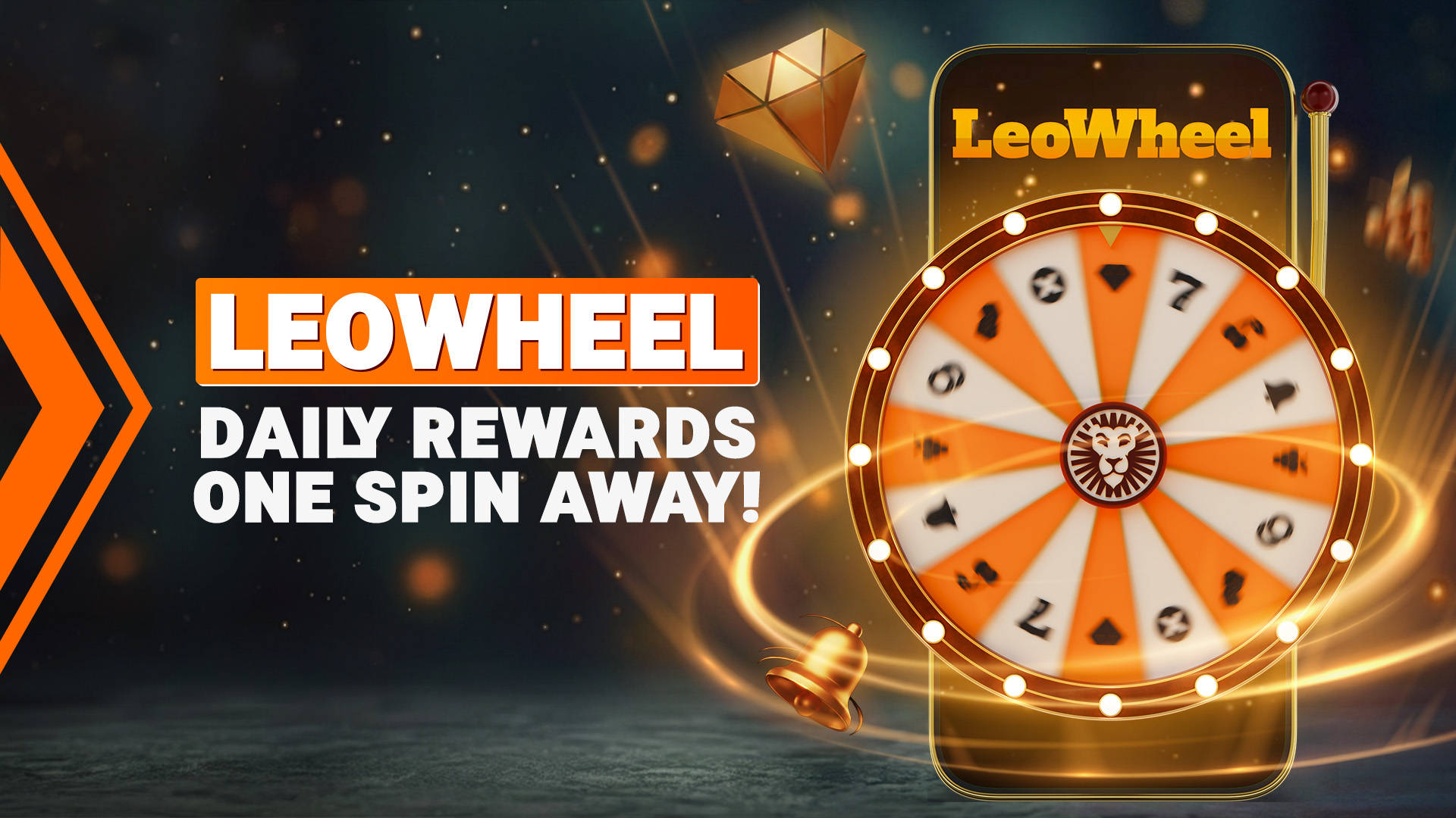 Mobile phone displaying LeoWheel game with text: Daily Rewards One Spin Away!