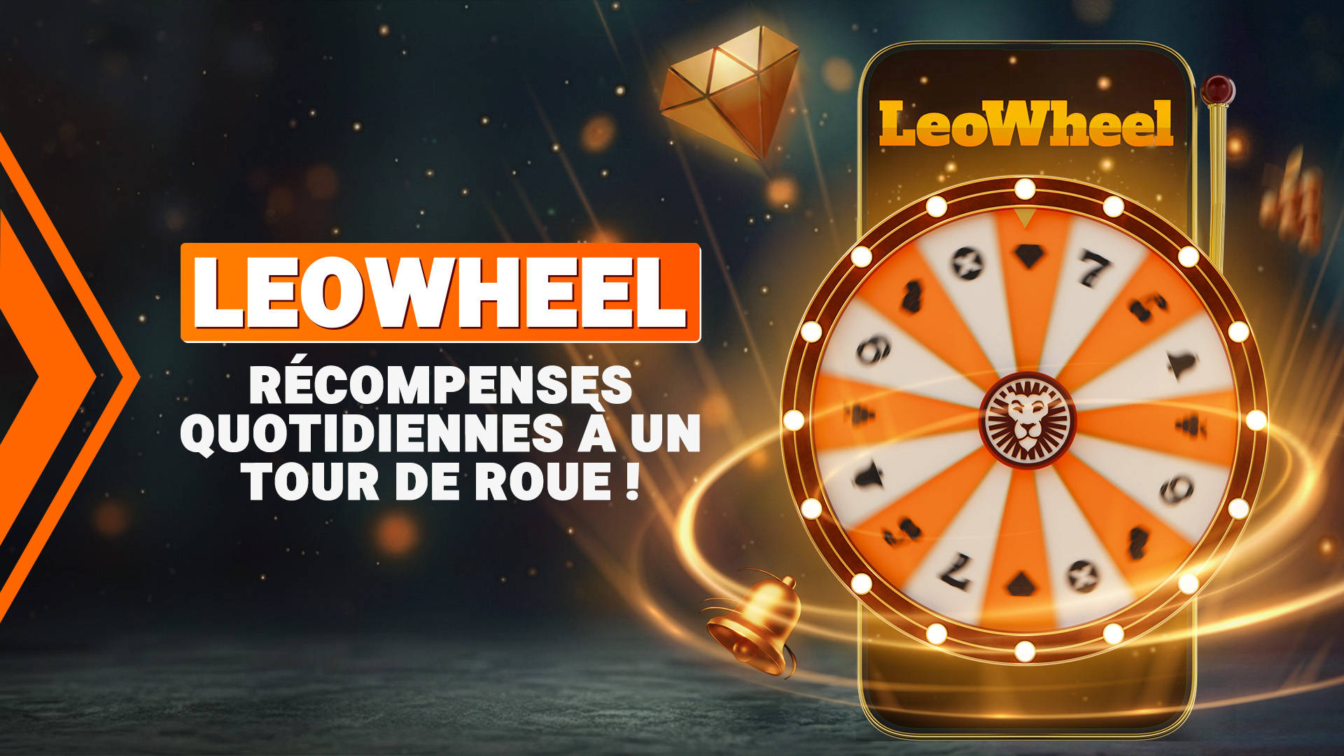 Téléphone mobile affichant le jeu LeoWheel avec le texte : Récompenses quotidiennes à un tour de roue!