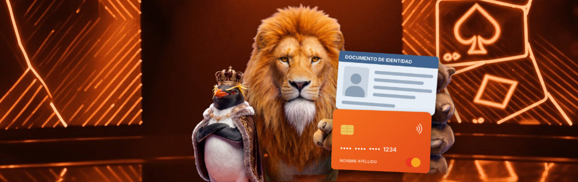 León y pingüino muestran un documento de identidad y una tarjeta bancaria.