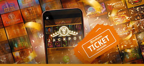 LeoJackpot-Ankündigung mit Tickets auf einem Smartphone.