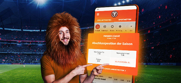 Frau mit Fußball und Löwenmähne neben Smartphone mit Sportwetten-App