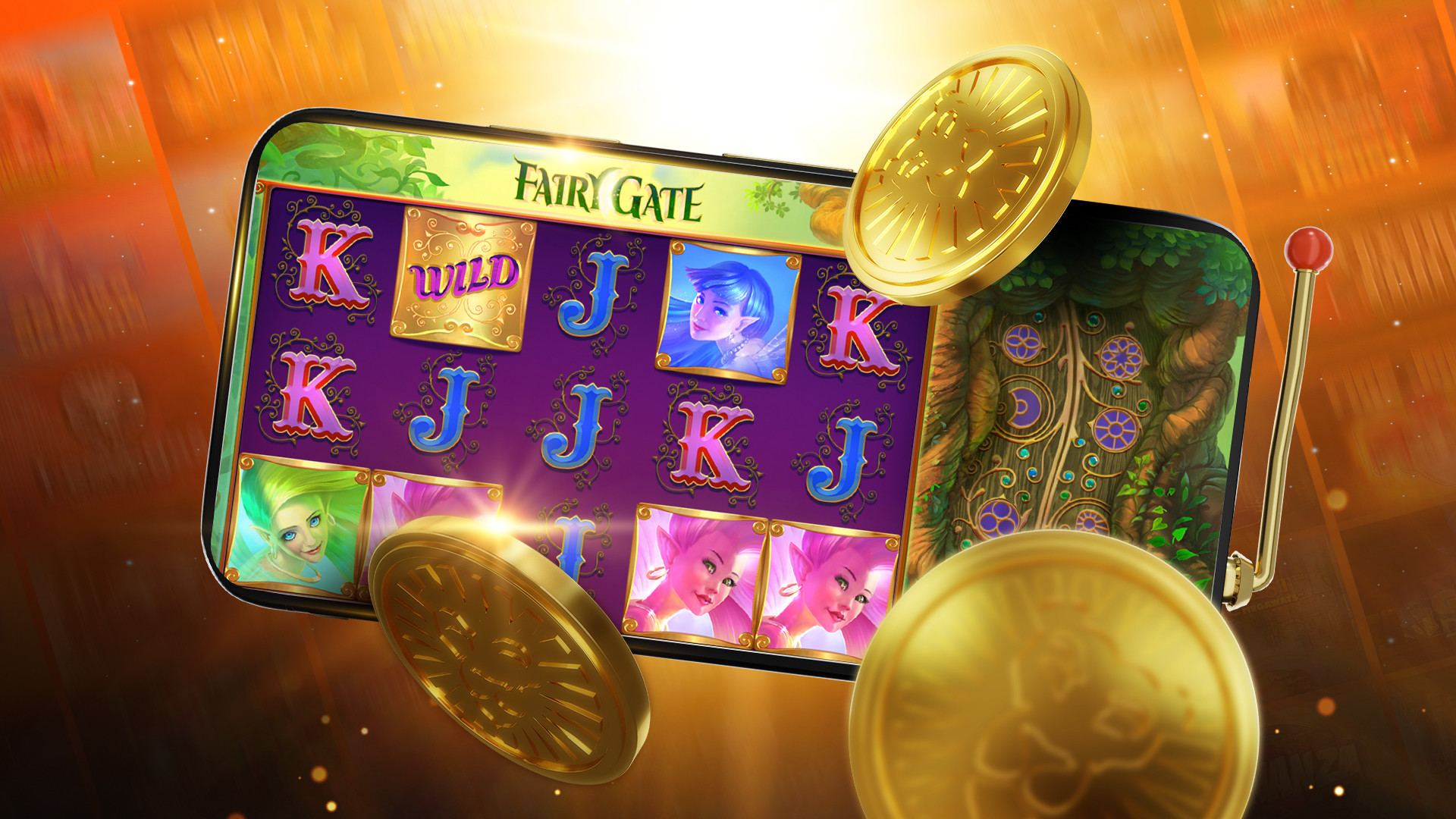Fairy Gate slotspel op een mobiel scherm met gouden munten.