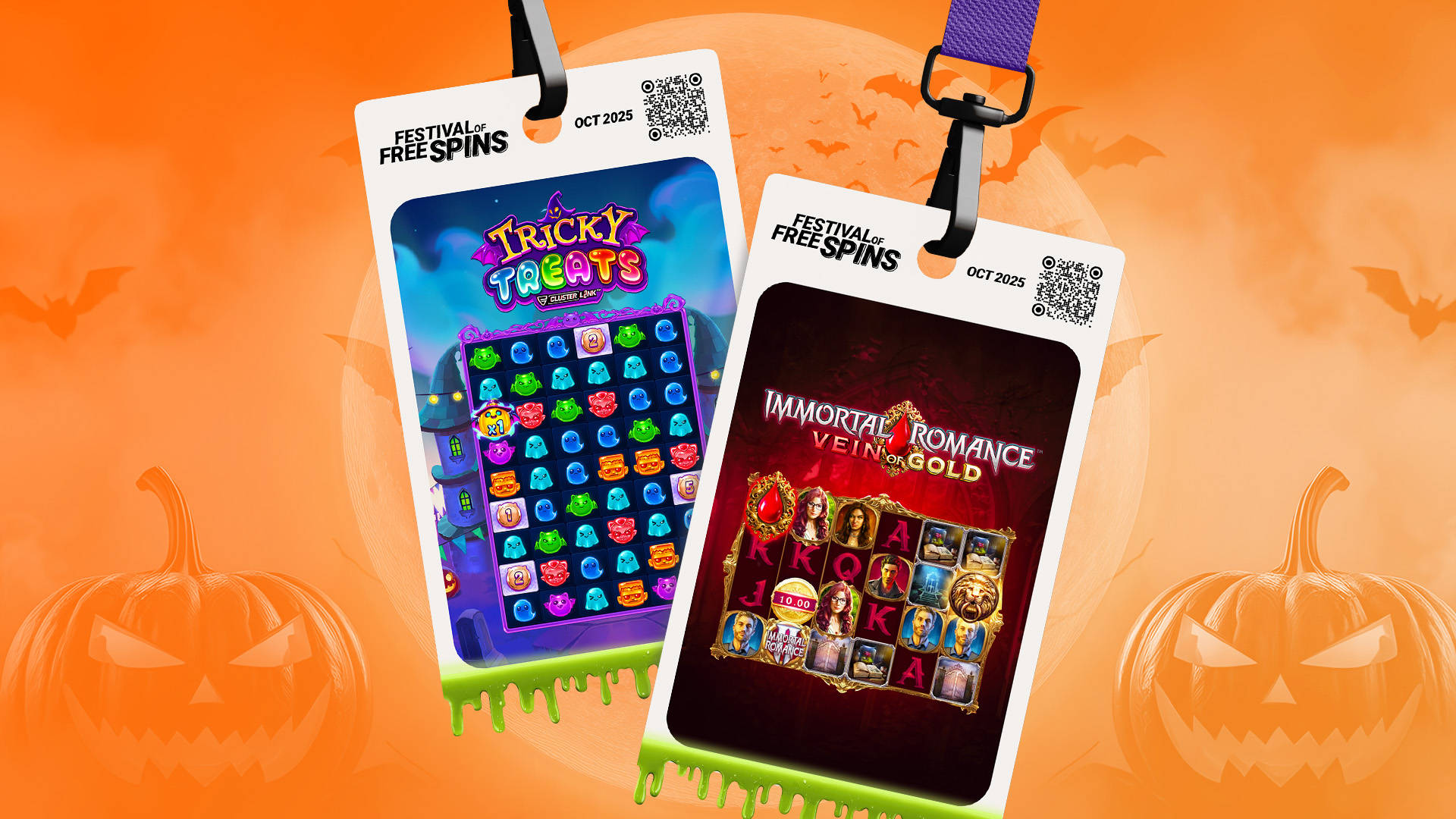 Halloween-themed promotional image featuring two mobile casino games and a Festival of Free Spins tag.