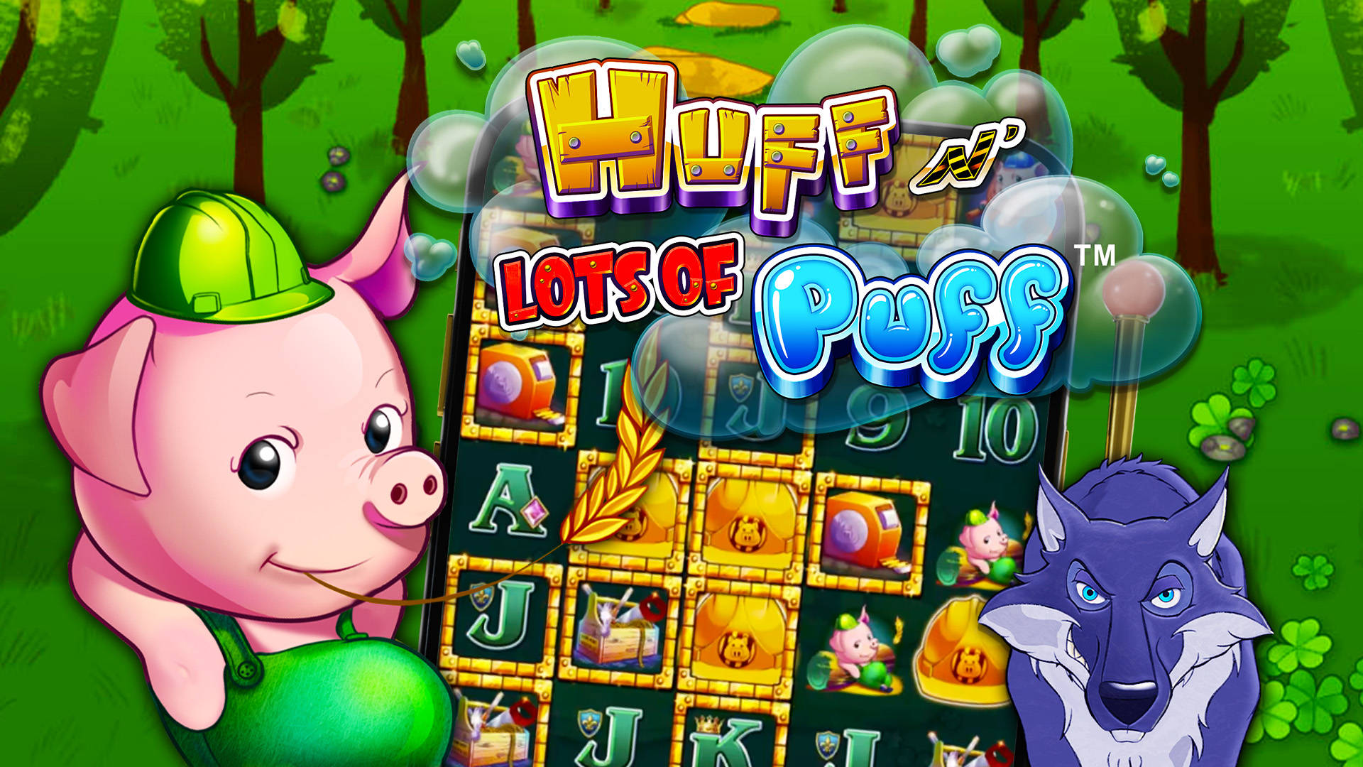 "Huff n' More Puff" slot game featuring a pig builder and wolf character.