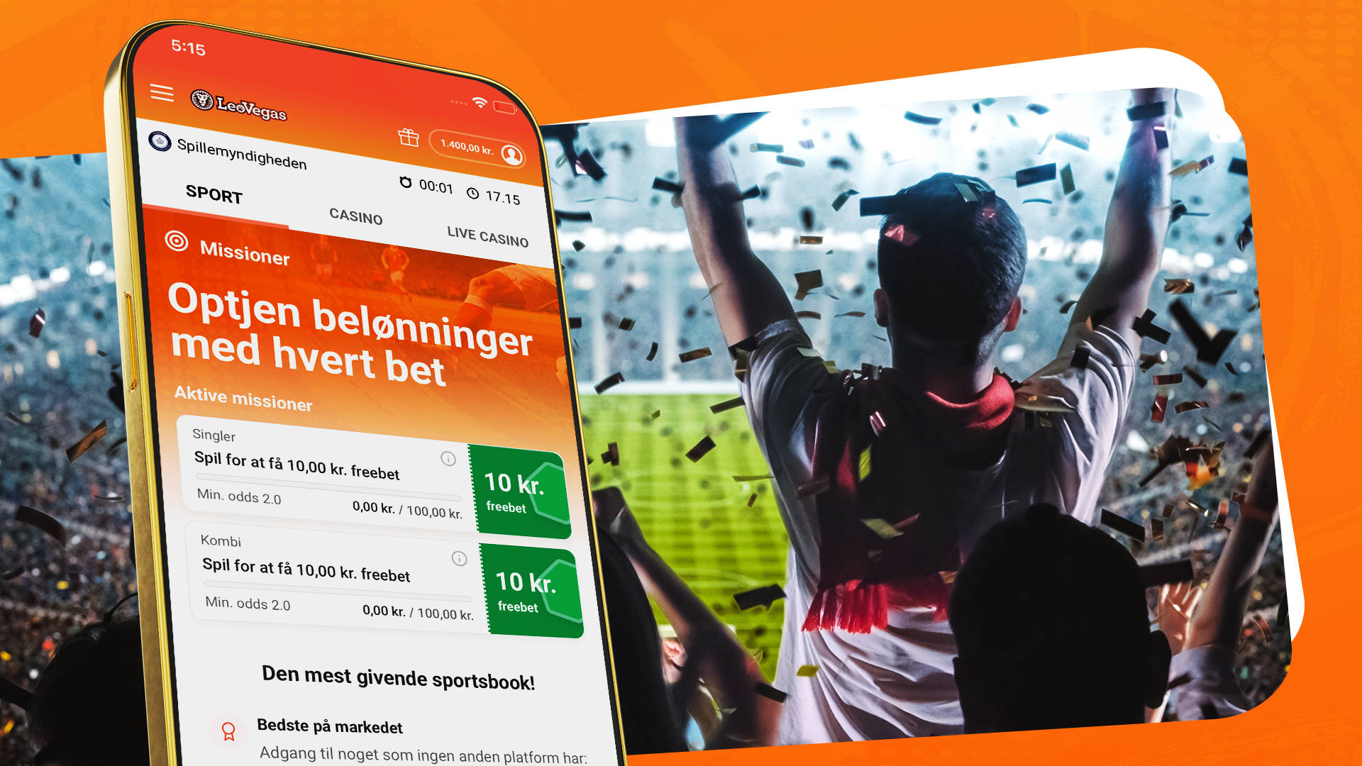 Missioner på mobil med freebet tilbud og en person, der fejrer en sejr.