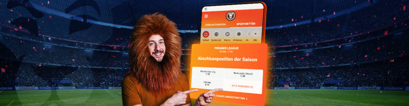 Mann mit Fußball und Löwenmähne neben einem Smartphone mit Sportwetten und der Option, sich zu Registrieren.