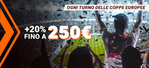 Tifoso esultante con le braccia alzate in uno stadio pieno di coriandoli, con un'offerta in sovrimpressione
