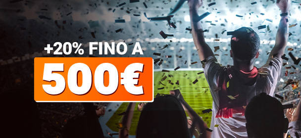 Tifosi esultanti in uno stadio tra i coriandoli, con testo promozionale in sovrimpressione: +20% fino a 500€.