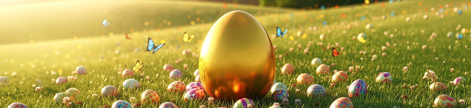 Gyldent æg omgivet af dekorerede æg og sommerfugle i en grøn mark.