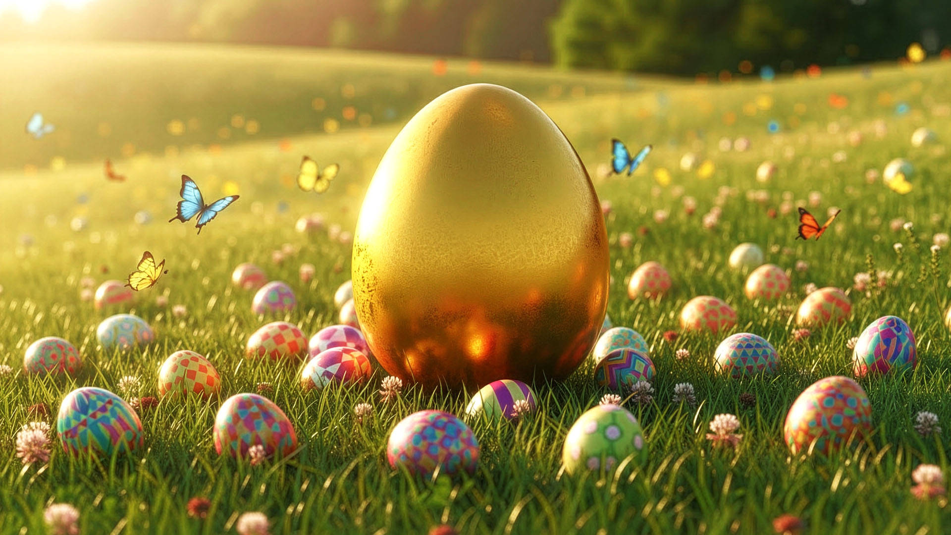 Gyldent æg omgivet af dekorerede æg og sommerfugle i en grøn mark.