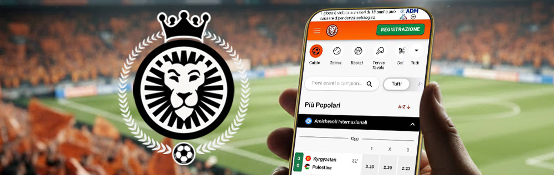 Smartphone con app di scommesse sportive che mostra calcio e altre discipline, su sfondo di stadio affollato.
