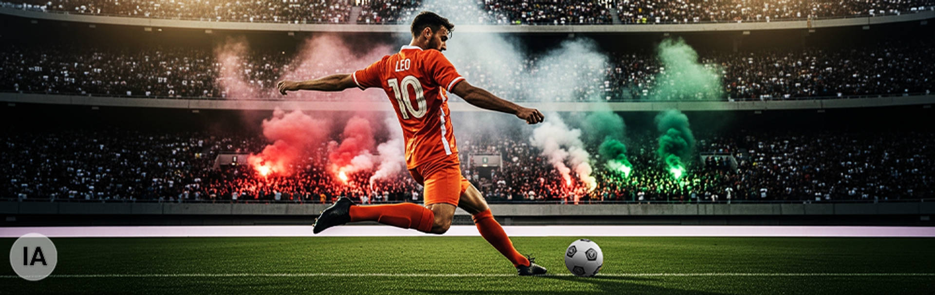 Un calciatore con maglia arancione numero 10 in azione di tiro su un campo da calcio, con fumogeni rossi, bianchi e verdi e pubblico sullo sfondo dello stadio.