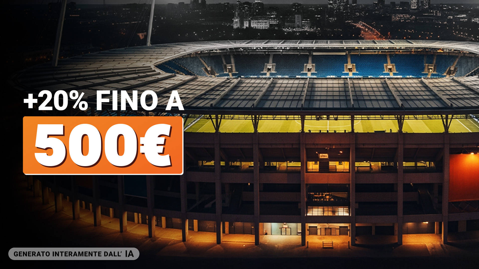 Stadio illuminato di notte con città sullo sfondo e banner promozionale “+20% fino a 500€