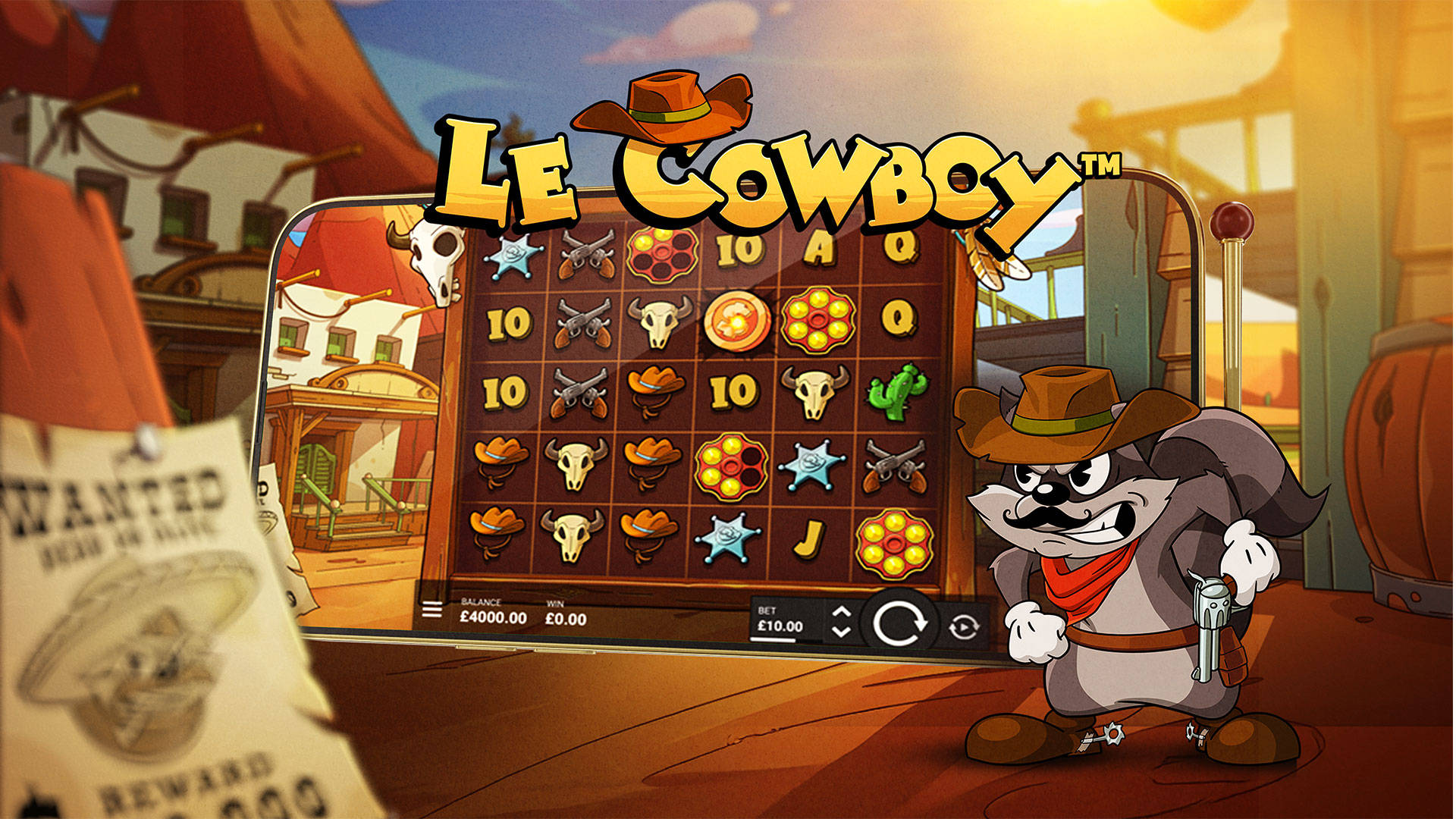 Le Cowboy slot game featuring a cartoon raccoon character in a cowboy outfit.