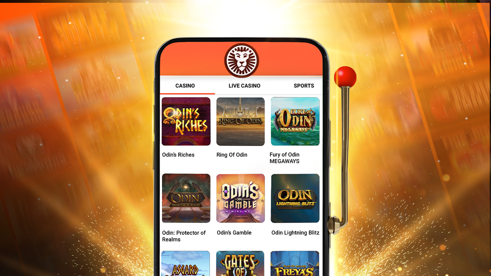 Casino-app met spellen zoals Odin's Riches en Odin's Gamble.
