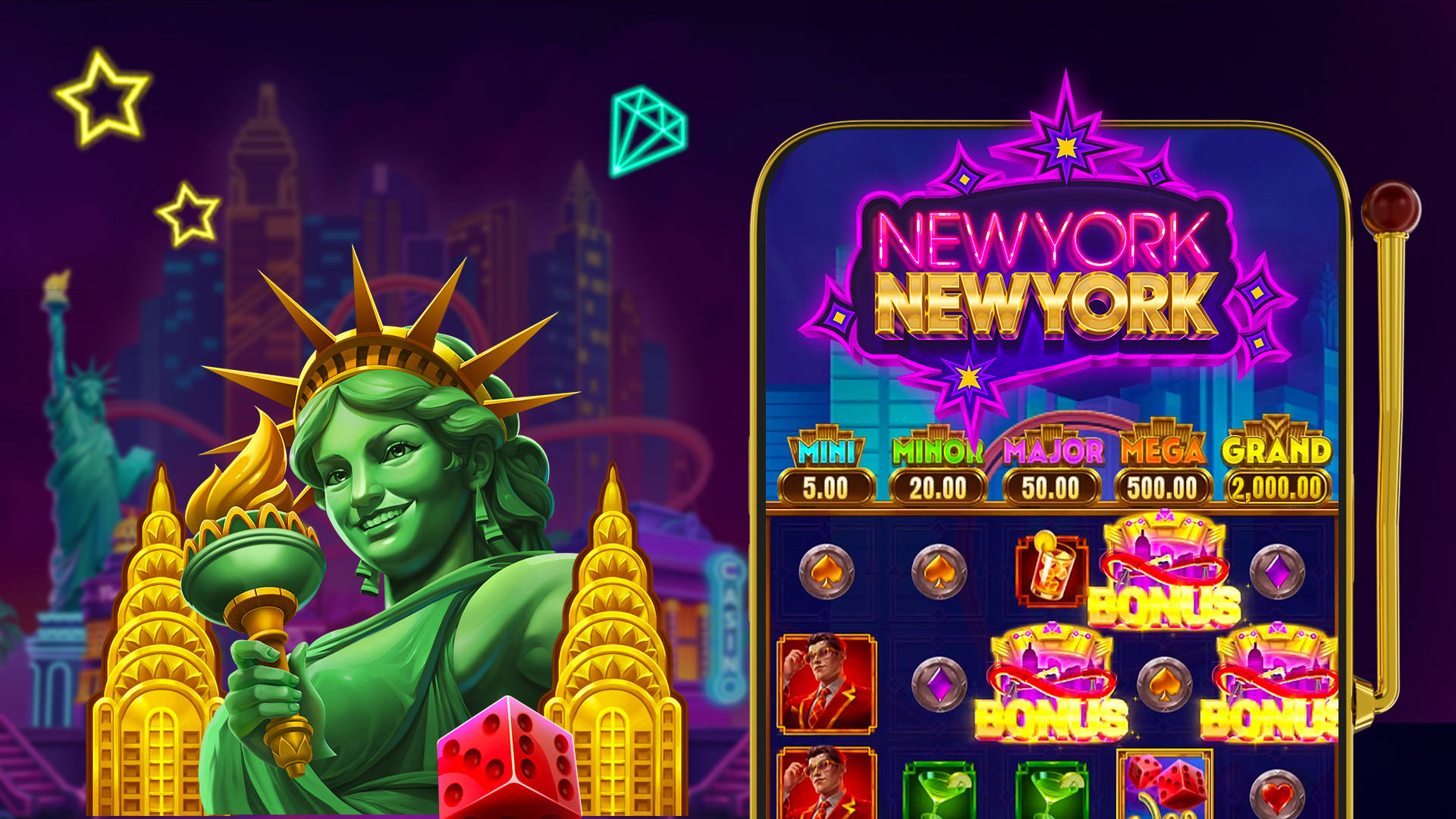 New York themed slot game featuring the Statue of Liberty and bonus symbols.