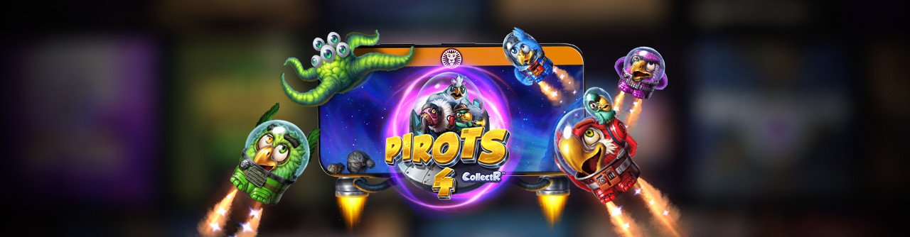 Pirots 4 CollectR™ spelautomat med rymdtema och animerade fåglar.