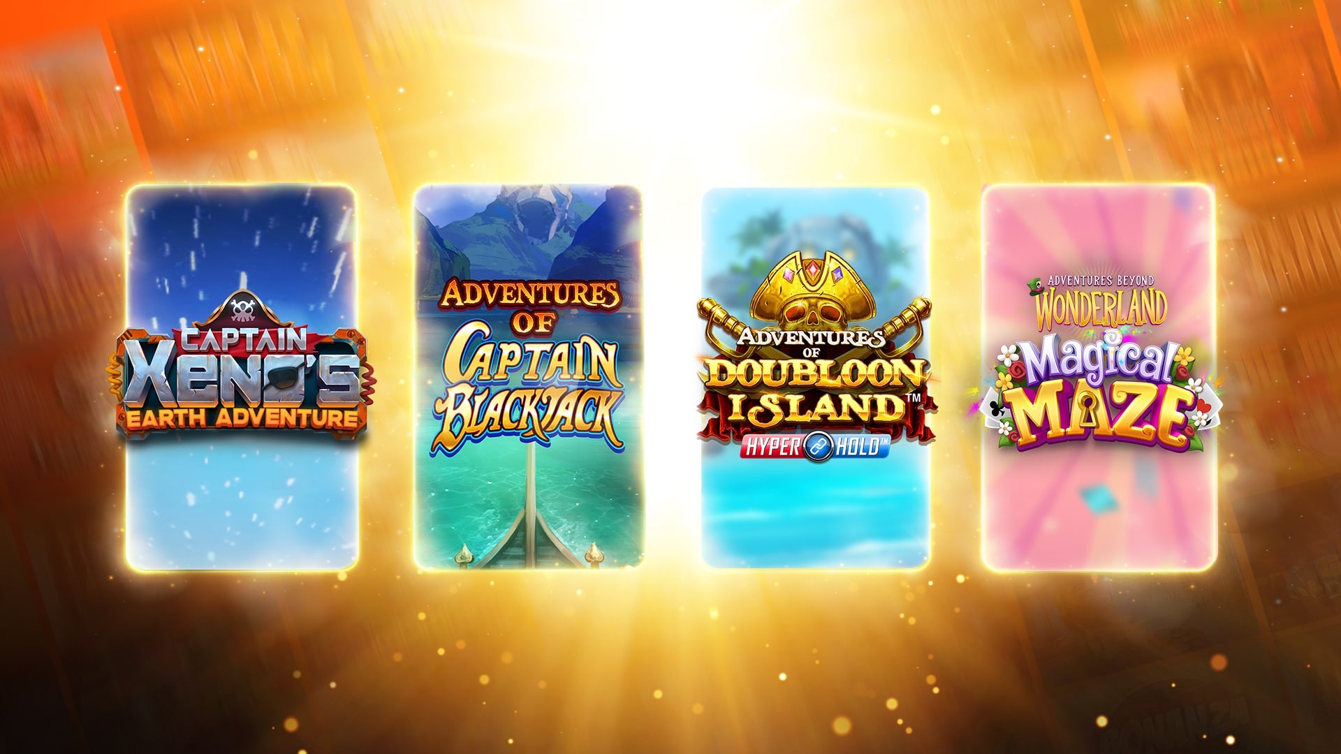 Vier kleurrijke illustraties van casinospel-thumbnails, elk met een ander thema: een ruimtevaartavontuur met "Captain Xeno's Earth Adventure", een zeemansavontuur met "Adventures of Captain Blackjack", een piratenschatjacht met "Adventures of Doubloon Island" en een sprookjesachtig doolhof met "Adventures Beyond Wonderland Magical Maze".