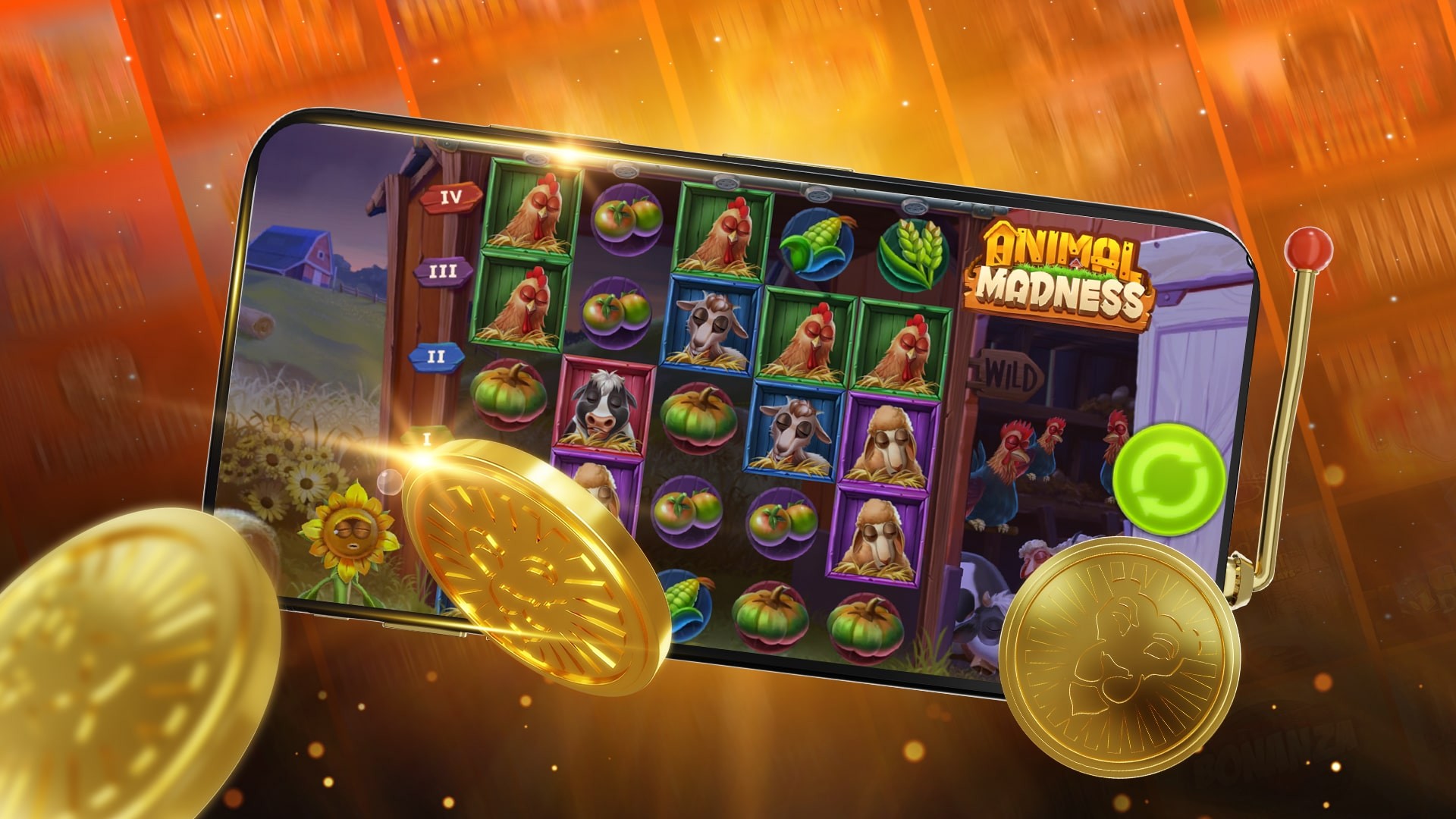 Een smartphone met daarop de slotmachine game "Animal Madness", met gouden munten ervoor, tegen een abstracte oranje achtergrond. De symbolen op de slotmachine zijn kippen, koeien, pompoenen, en andere boerderij-gerelateerde afbeeldingen.