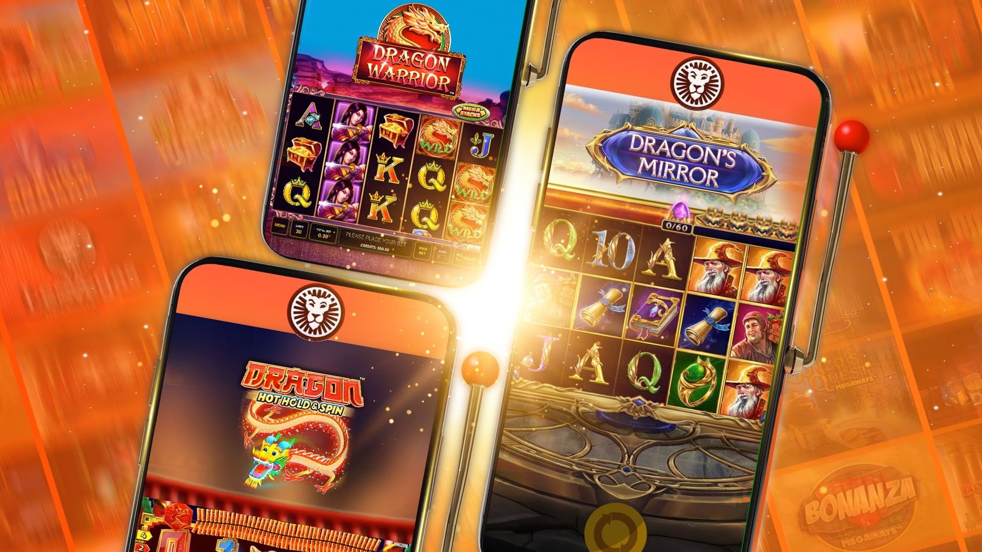 Drie smartphones zweven voor een oranje achtergrond, elk met een ander draken-thema slotmachine spel op het scherm: Dragon Warrior, Dragon's Mirror en Dragon Hot Hold & Spin.