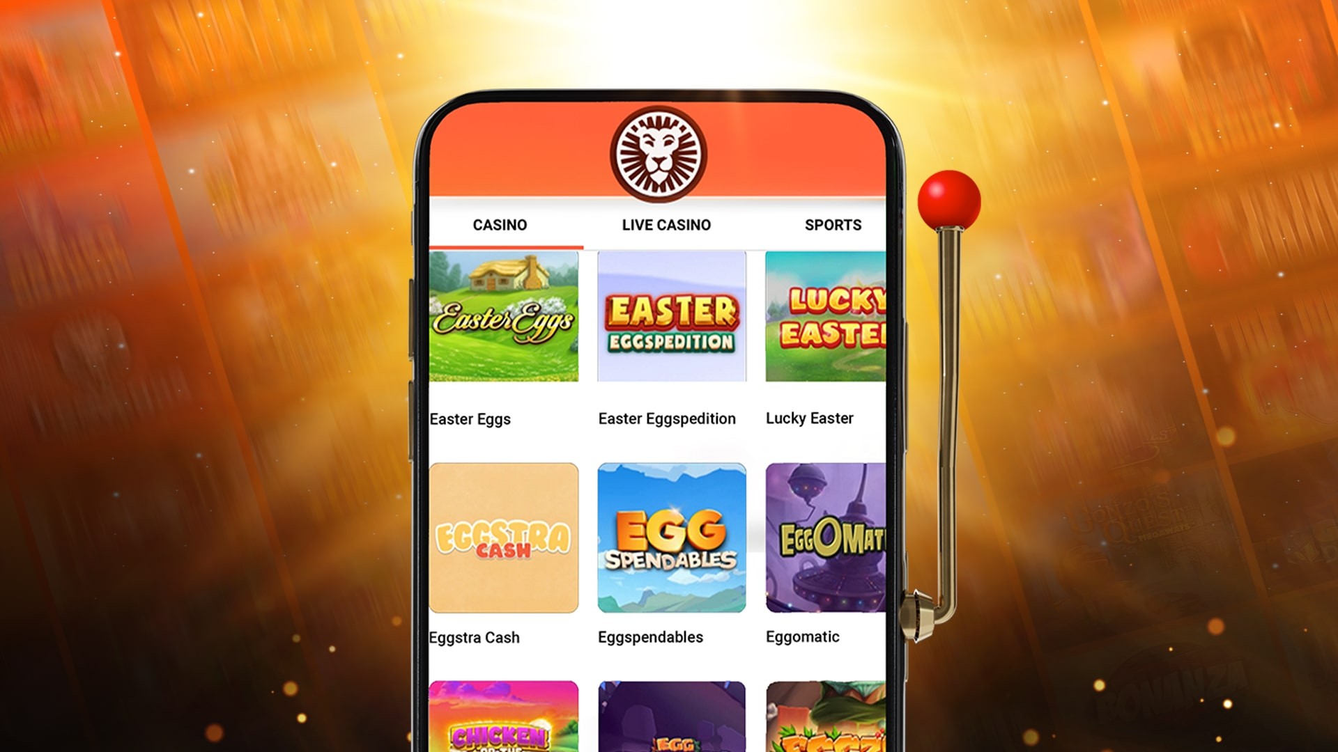 Een screenshot van een mobiele app met een online casino. Bovenaan het scherm staat het logo van een leeuw. Daaronder zijn verschillende categorieën te zien: "Casino", "Live Casino" en "Sports". De rest van het scherm toont een selectie van casinospellen met Pasen-thema, zoals "Easter Eggs", "Easter Eggspedition", "Lucky Easter", "Eggstra Cash", "Eggspendables" en "Eggomatic"