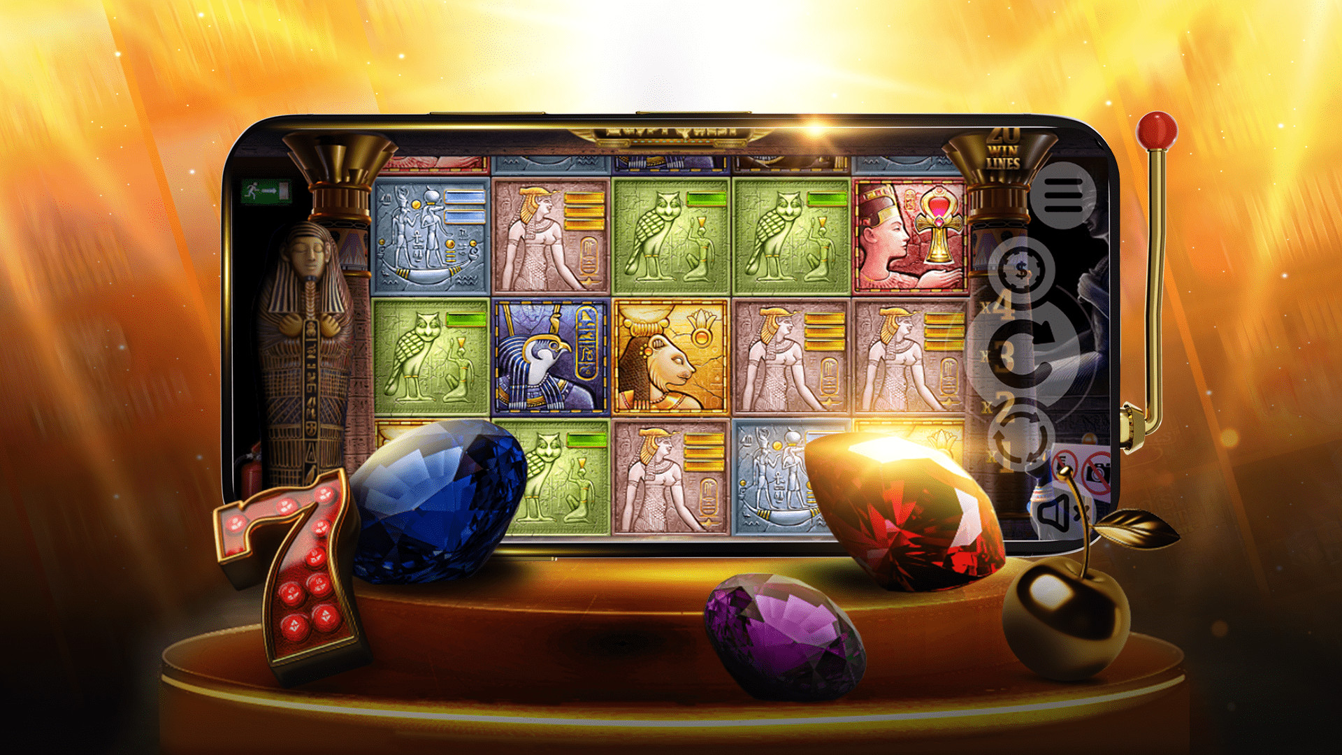 Een smartphone met een slotmachine game met Egyptisch thema, met een mummie, edelstenen en een gouden kers op een gouden platform, tegen een gele achtergrond. De symbolen op de rollen zijn afbeeldingen van Egyptische goden en symbolen.