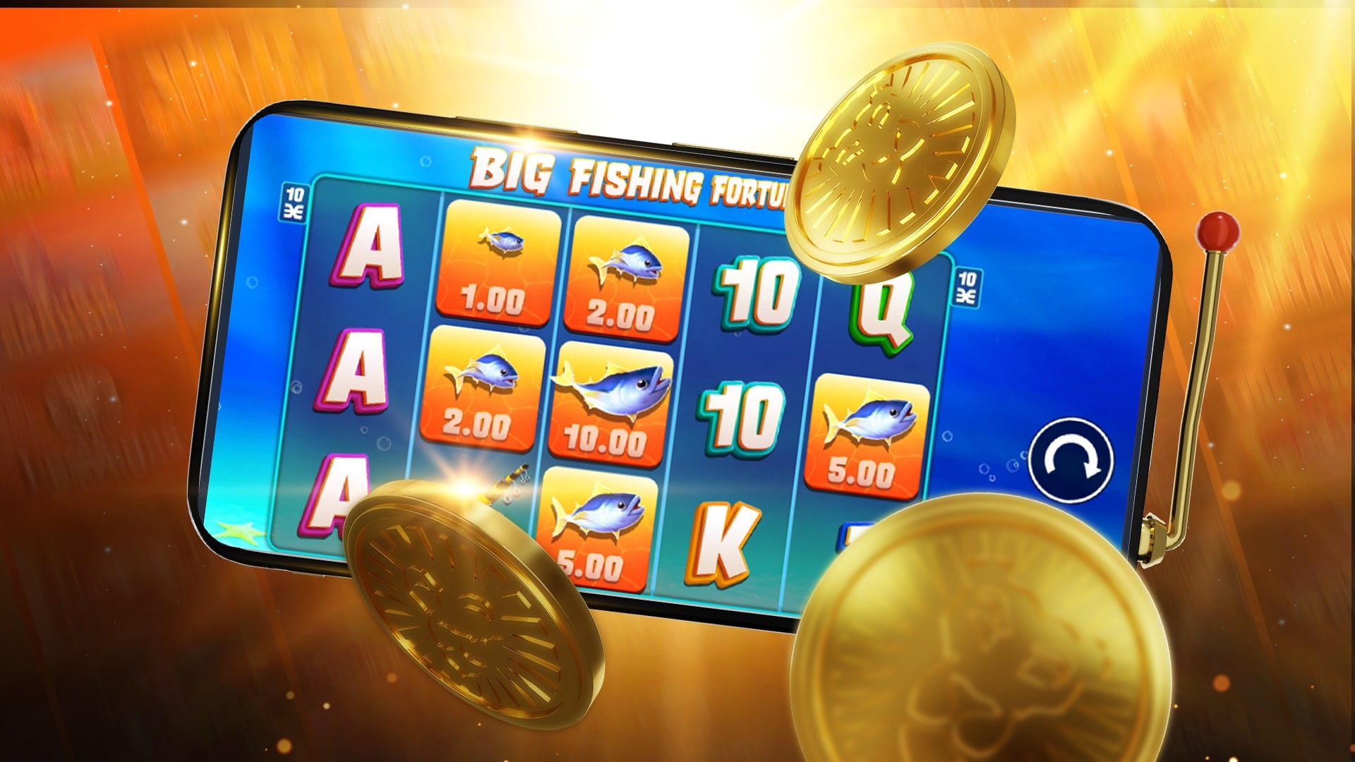 Een afbeelding van een smartphone die een gokkastspel met het thema vissen toont, genaamd "Big Fishing Fortune". De symbolen op de rollen zijn kaartsymbolen (A, K, Q, 10) en verschillende soorten vissen met bijbehorende geldwaarden