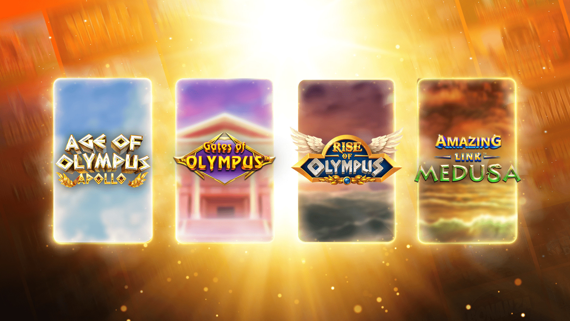 Vier slotmachine game logo's met Griekse mythologie thema's: Age of Olympus Apollo, Gates of Olympus, Rise of Olympus, en Amazing Link Medusa, tegen een gele achtergrond.