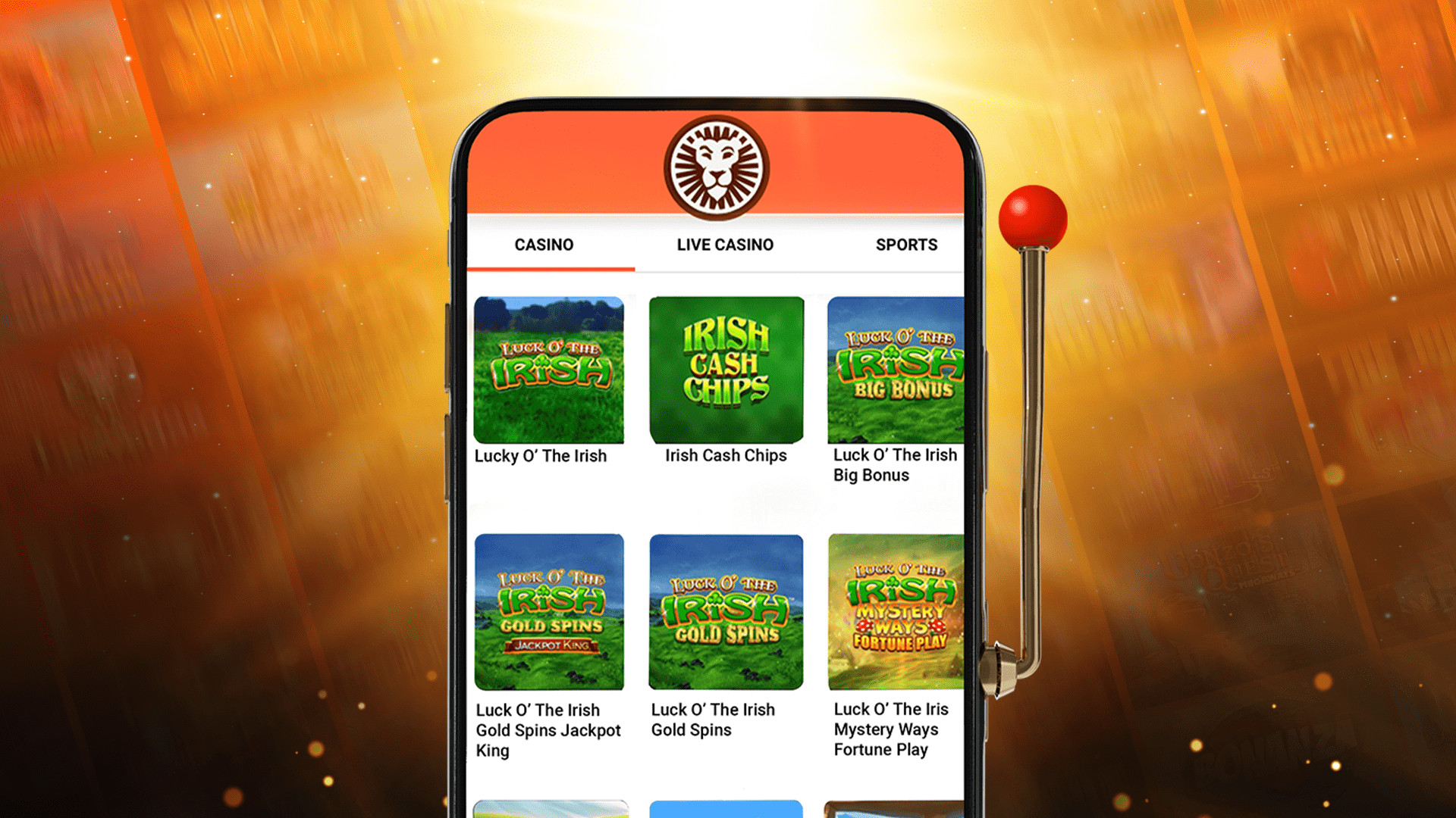 Een smartphone met een geopende casino-app. Het scherm toont verschillende gokspellen, voornamelijk met een Iers thema zoals 'Luck O' The Irish' en 'Irish Cash Chips'.