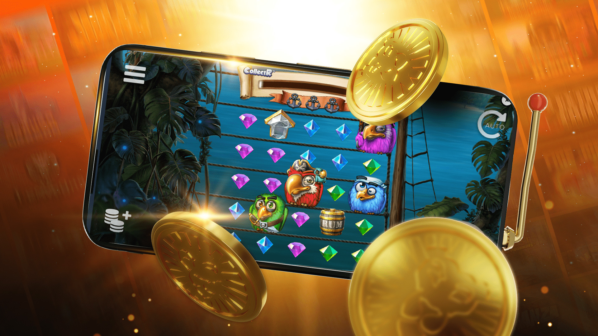 Een smartphone zweeft in het midden van de afbeelding en toont een mobiel spel met een piratenthema.