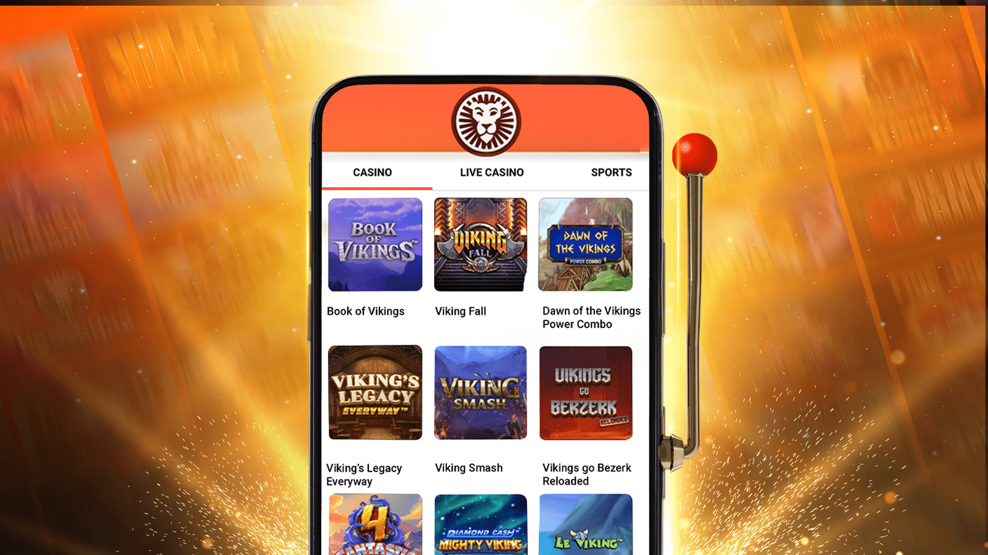Een smartphone met een geopende casino-app. Het scherm toont een selectie van gokspellen, voornamelijk met een Viking-thema, zoals 'Book of Vikings', 'Viking Fall' en 'Dawn of the Vikings'.