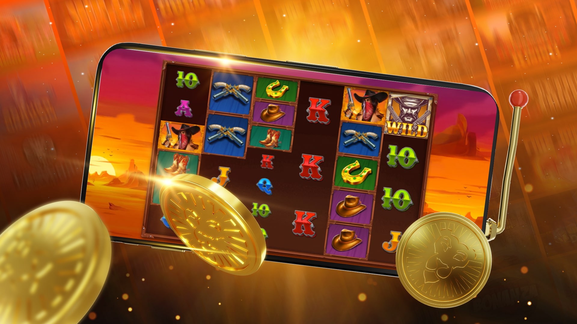 Een afbeelding van een smartphone waarop een gokkastspel in western-thema te zien is. De achtergrond van het spel is een woestijnlandschap bij zonsondergang.