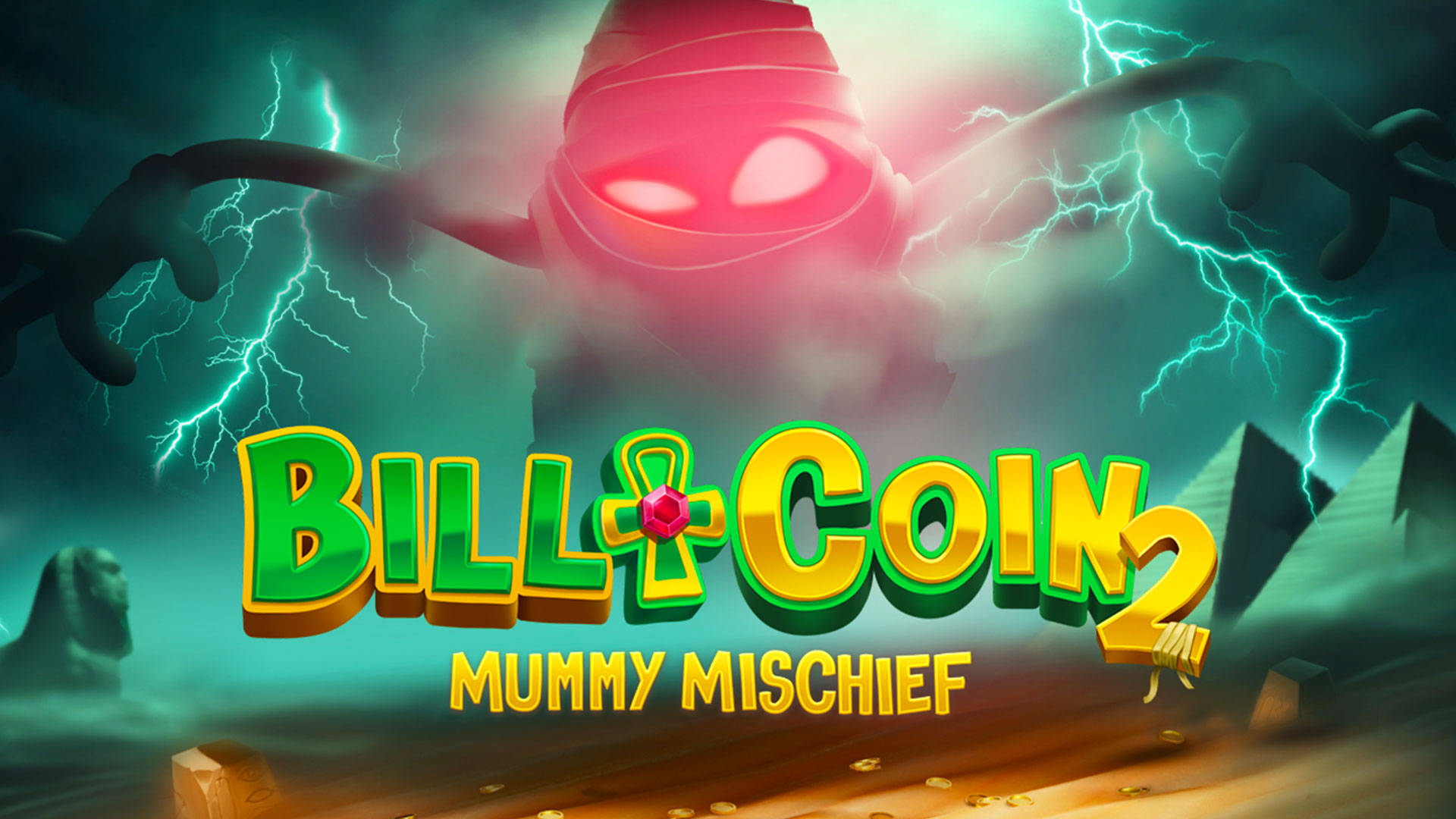 Bill & Coin 2: Mummy Mischief game featuring a cartoon mummy, pyramids, and lightning.