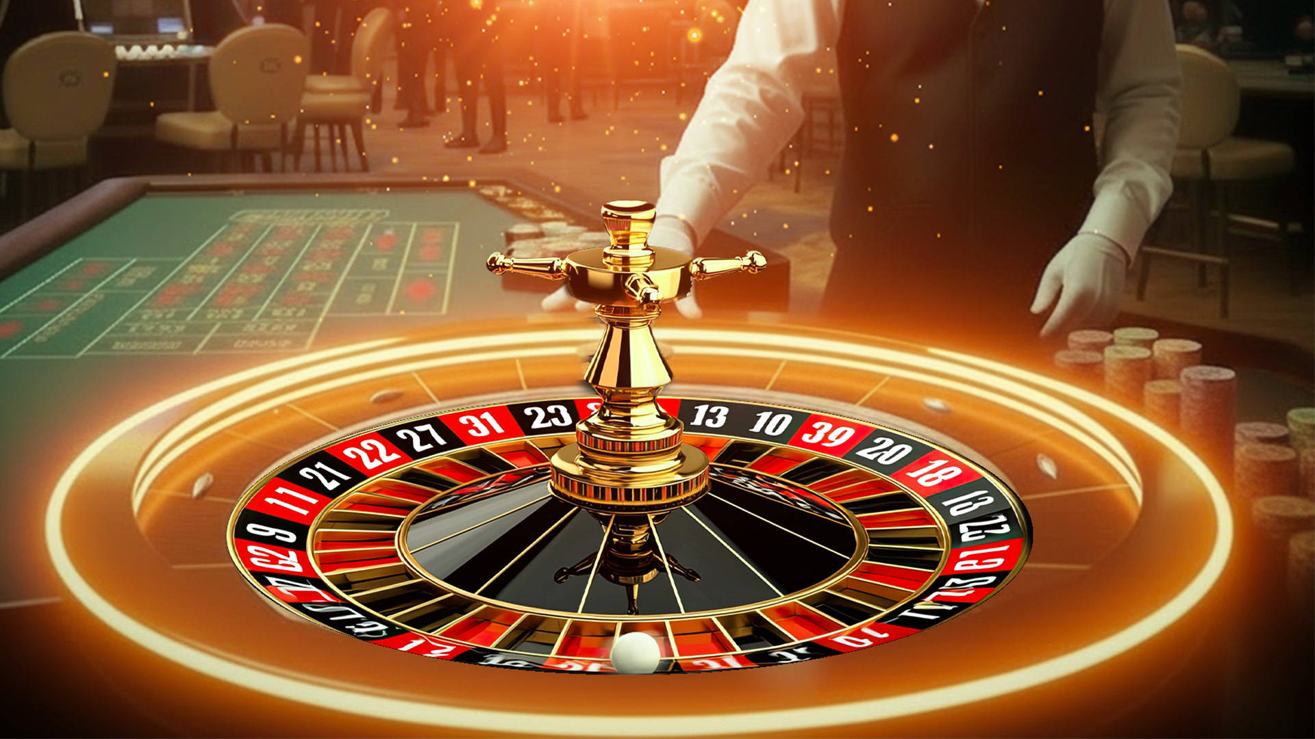 roulette wheel with neon lights illuminated around the edge