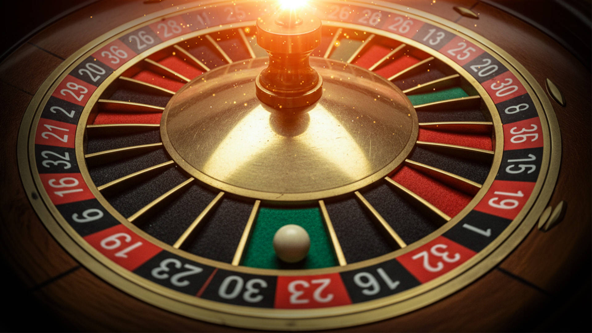 close up of roulette wheel with the ball sitting in the green pocket