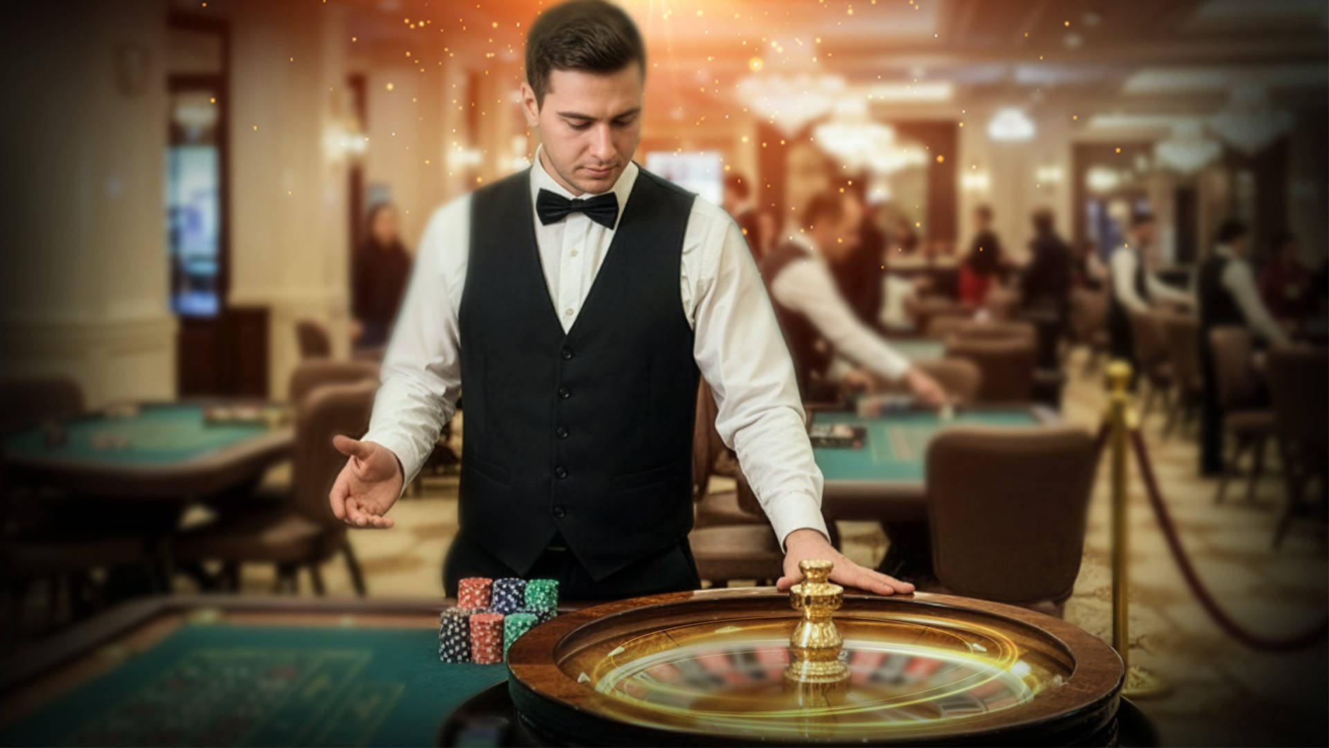 dealer setting the ball spinning around a roulette wheel