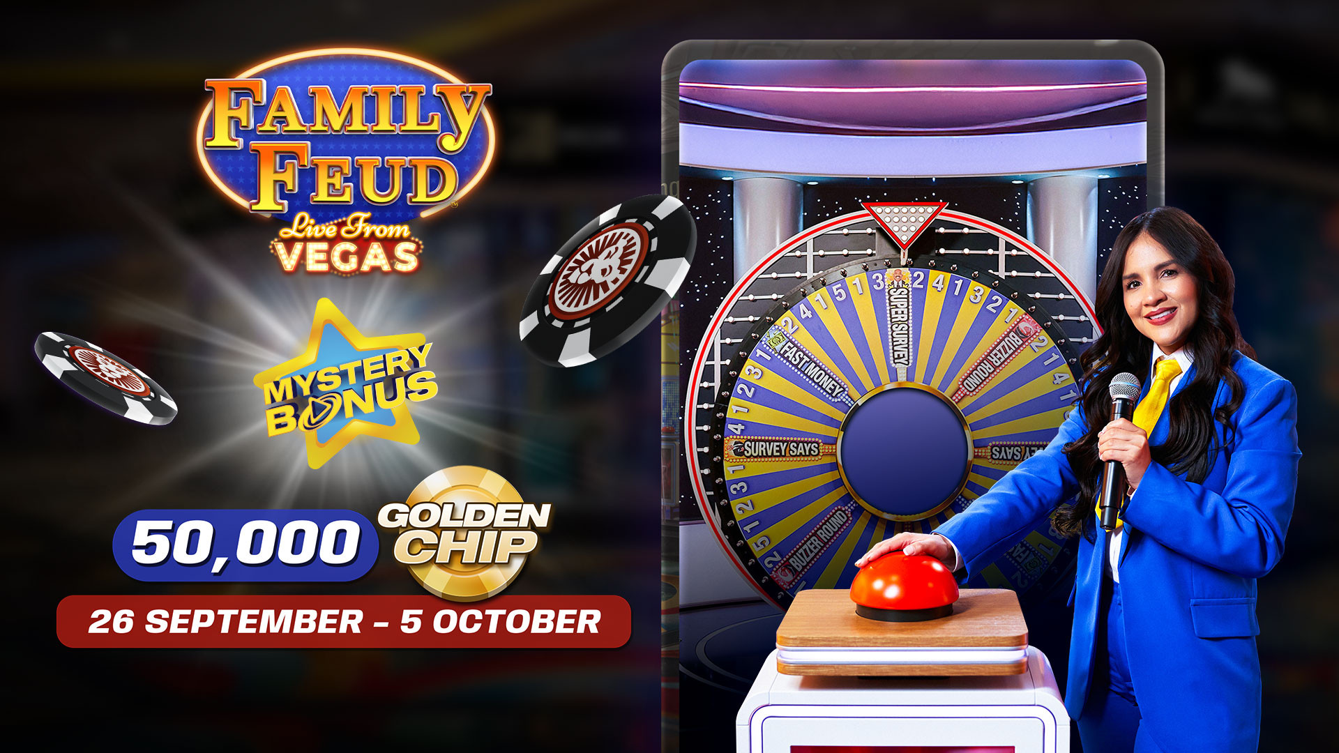 Family Feud Live from Las Vegas promotion with a Mystery Bonus and Golden Chips