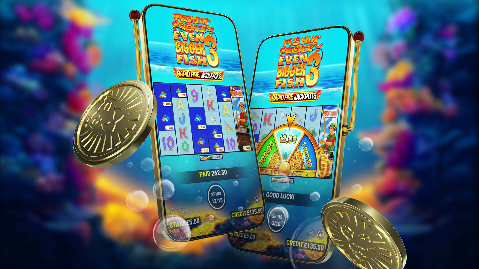 Mobile game 'Fishin' Frenzy Even Bigger Catch' featuring Rapid Fire Jackpots and casino-style interface.
