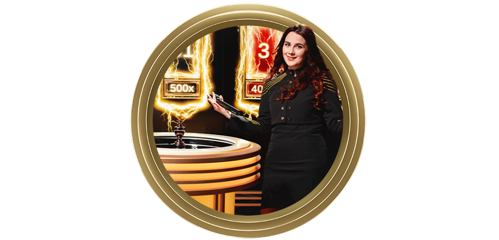 Crupier con ruleta y multiplicadores de 500x y 40x en un juego de casino en vivo.