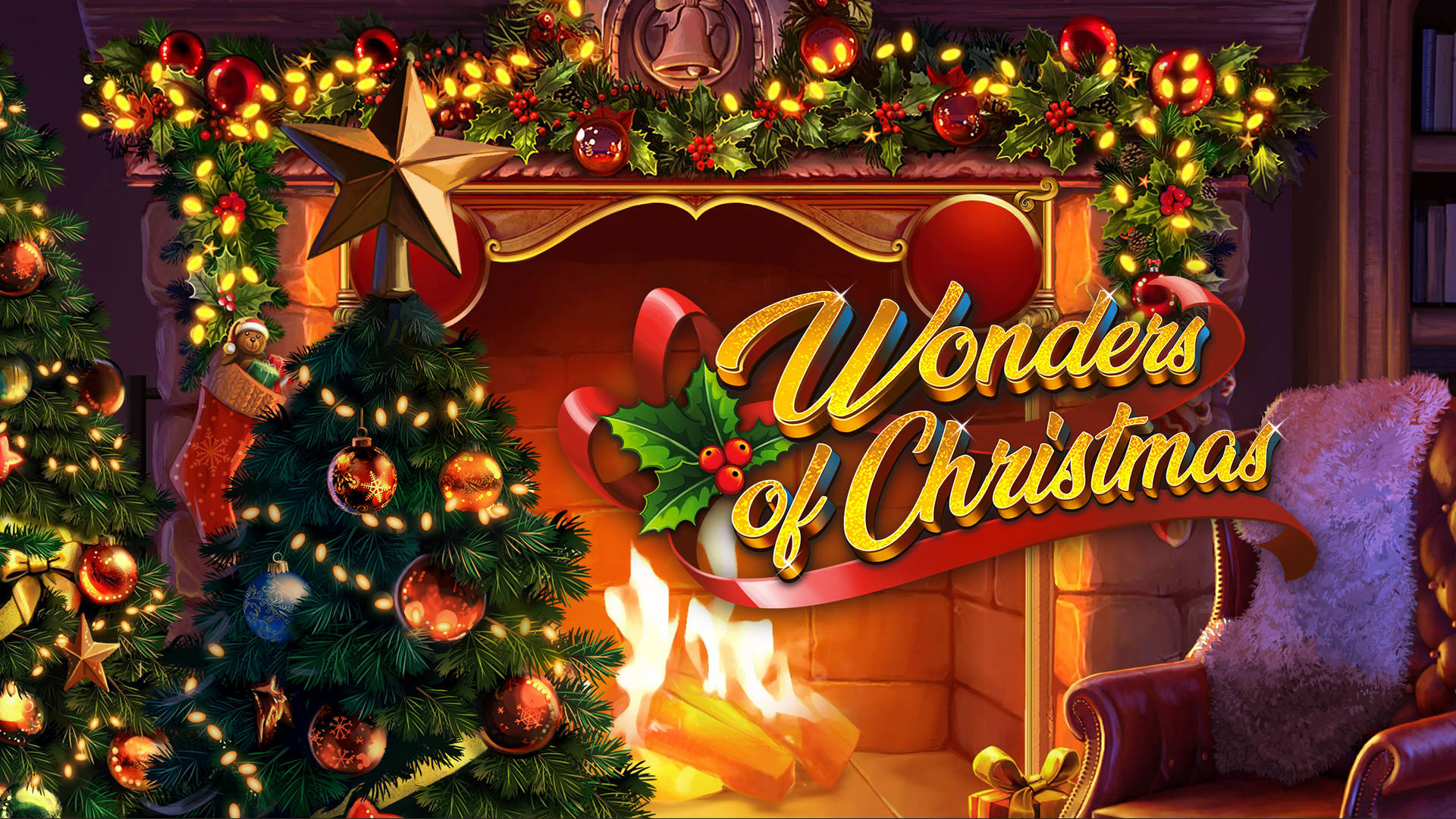Wonders of Christmas logo voor een feestelijke open haard met kerstbomen.