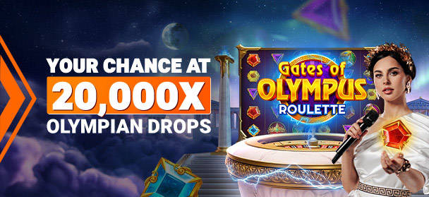Your chance at 20,000x Olympian Drops with a woman holding a microphone and a gem.